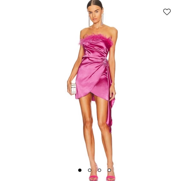 More To Come Dresses & Skirts - NWT More To Come Cierra Strapless Feather Trim Satin Hot Pink Mini Dress Medium